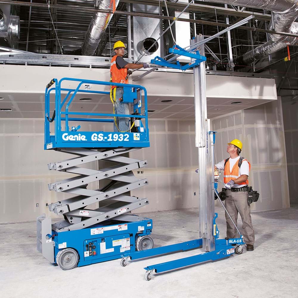 Blue Genie GS-1932 electric scissor lift at an indoor worksite