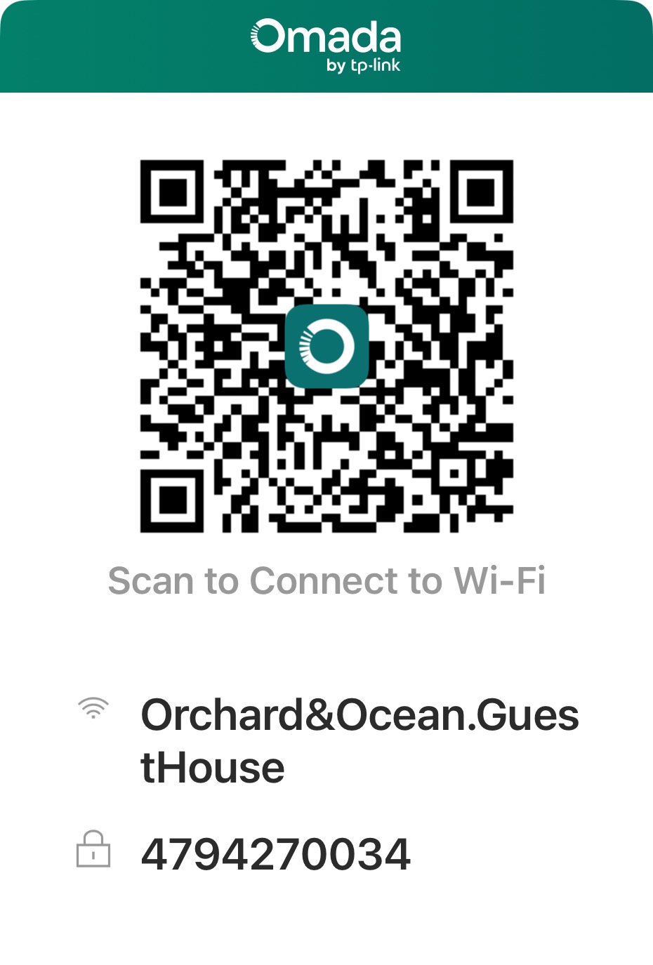 Scan to connect to the Orchard and Ocean Guest House Wi-Fi