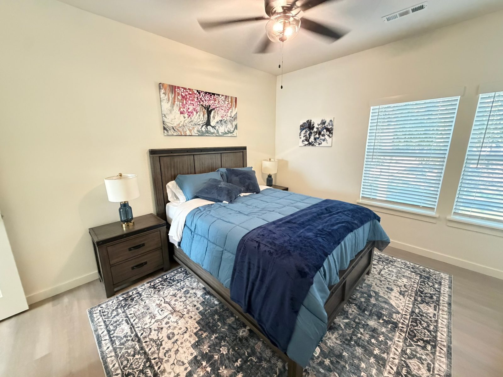 Bedroom with blue bedding